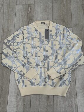 Men L Dior Oblique Cream Crewneck pullover sweater with Metallic Logo
